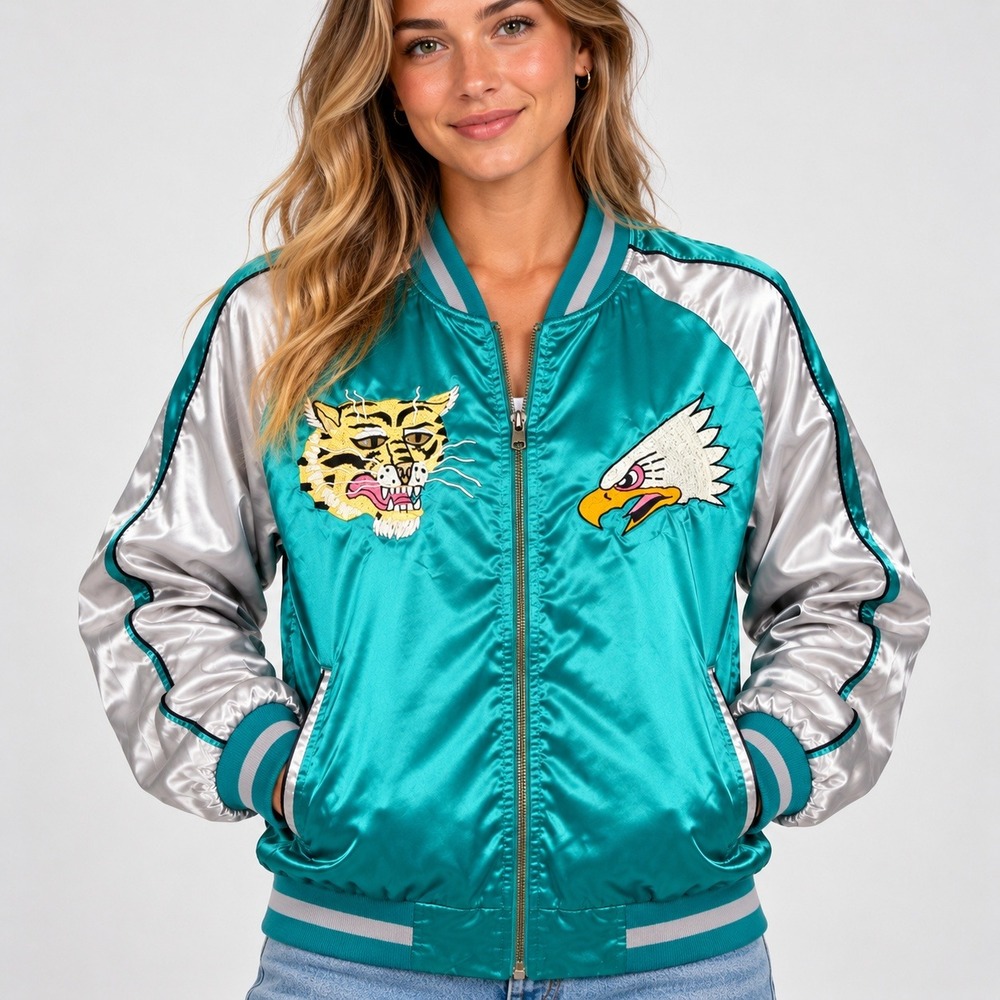 Standard Issue Japan Souvenir Jacket Teal Silver Satin Embroidered Tiger Eagle M